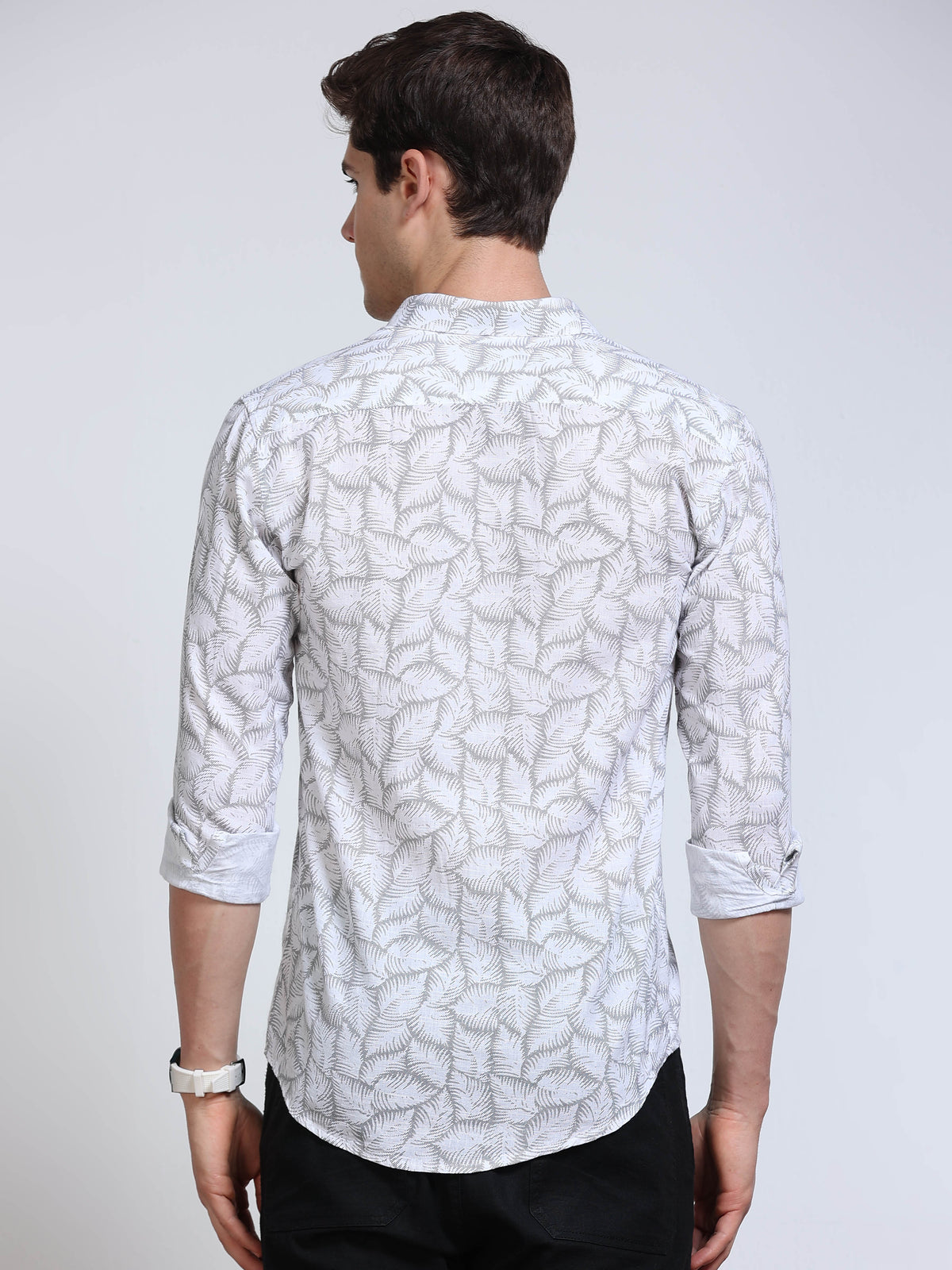 Men's Linen White Grey Fern Leaf Printed Shirt