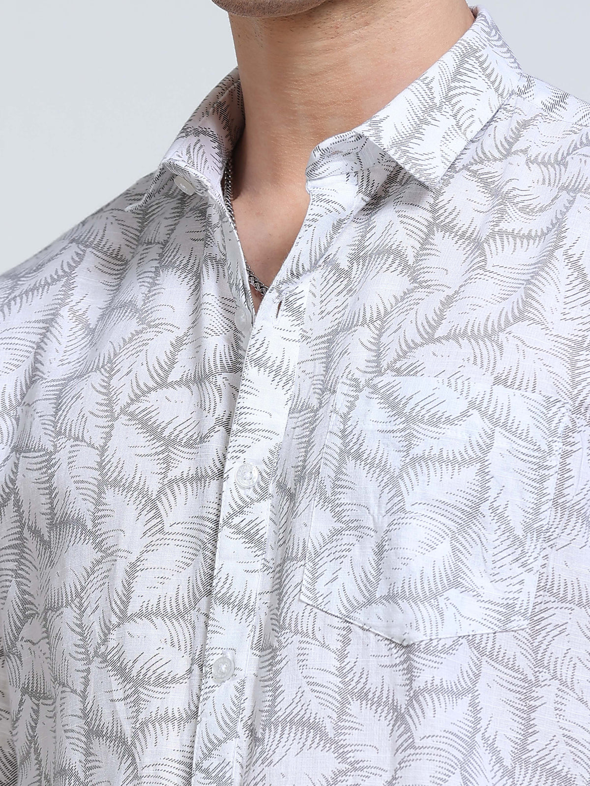 Men's Linen White Grey Fern Leaf Printed Shirt