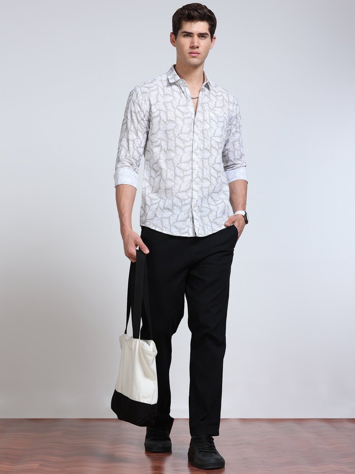Men's Linen White Grey Fern Leaf Printed Shirt