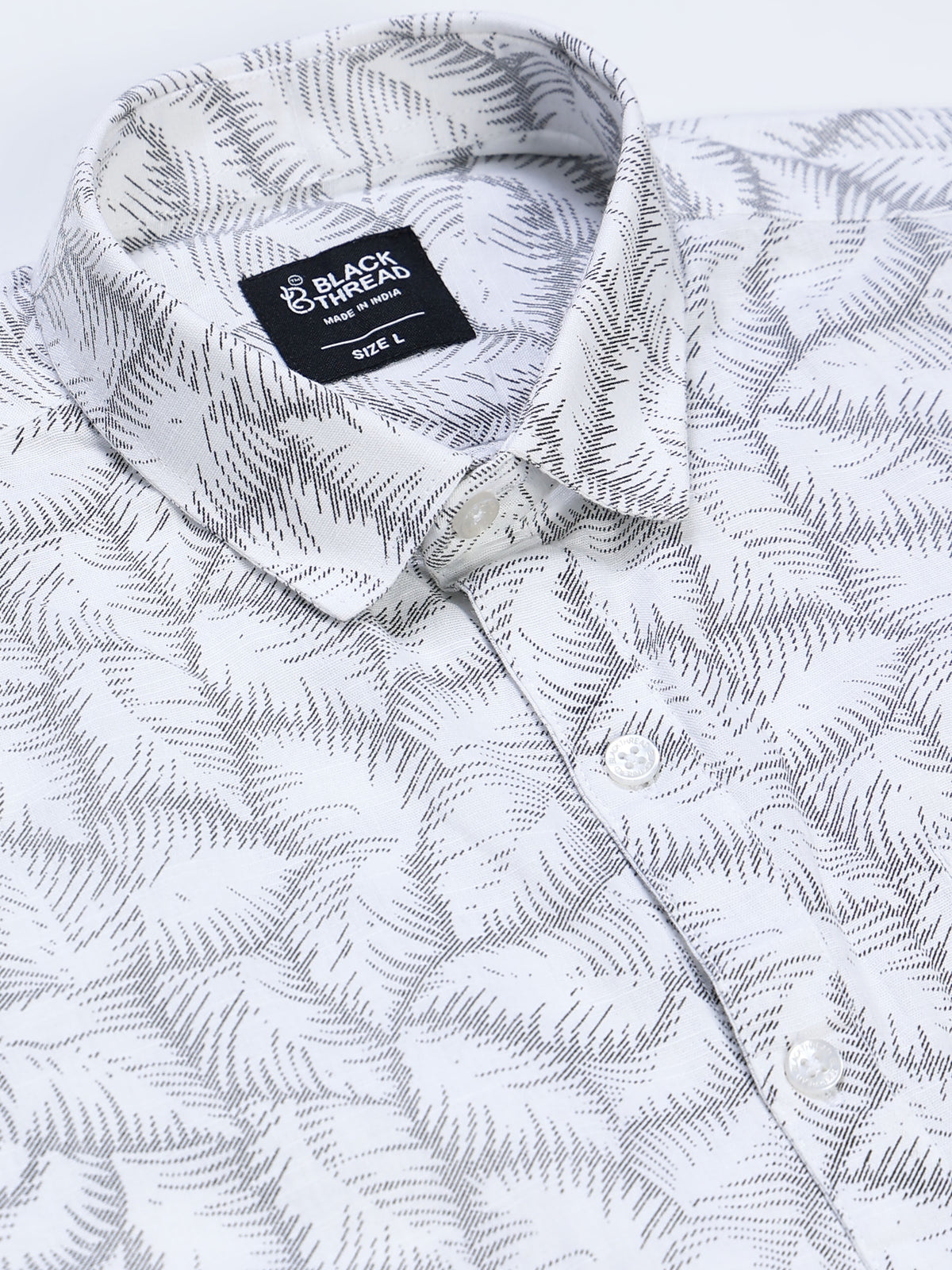 Men's Linen White Grey Fern Leaf Printed Shirt