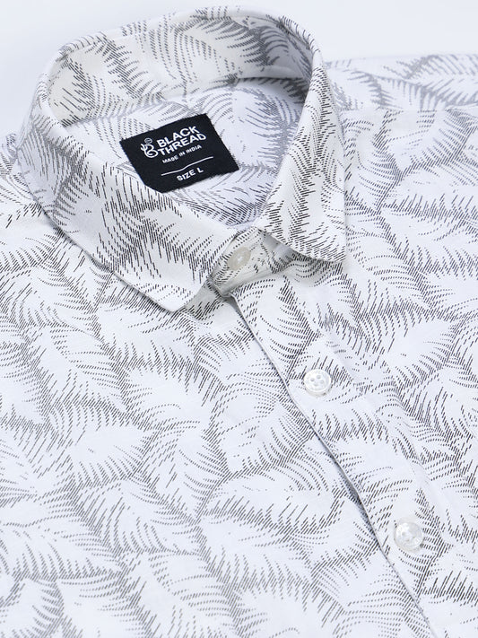 Men's Linen White Grey Fern Leaf Printed Shirt