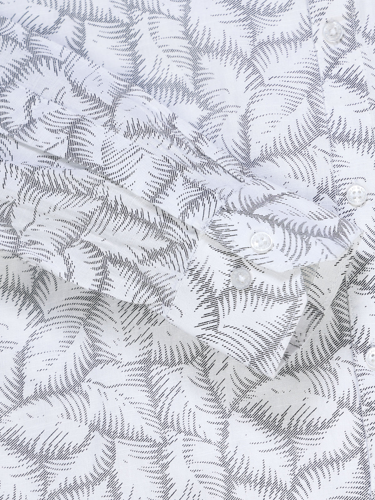 Men's Linen White Grey Fern Leaf Printed Shirt