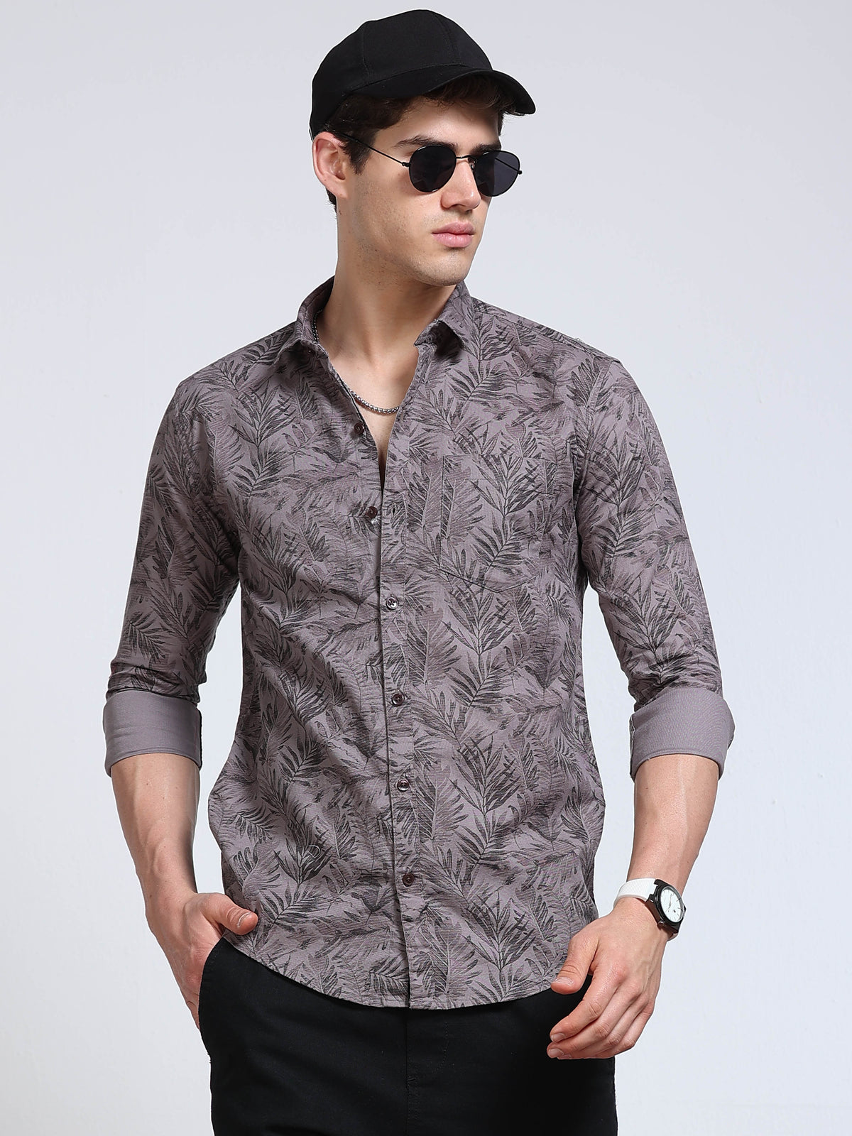 Men's Linen Dark Grey Charcoal Tropical Palm Leaf Printed Shirt