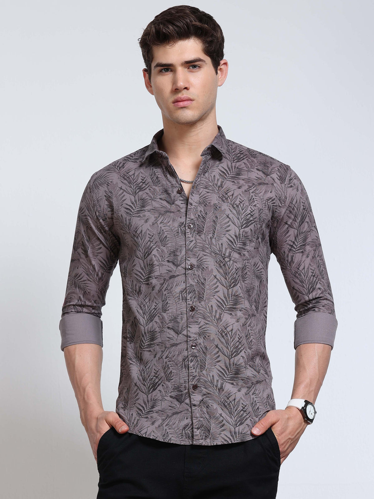 Men's Linen Dark Grey Charcoal Tropical Palm Leaf Printed Shirt