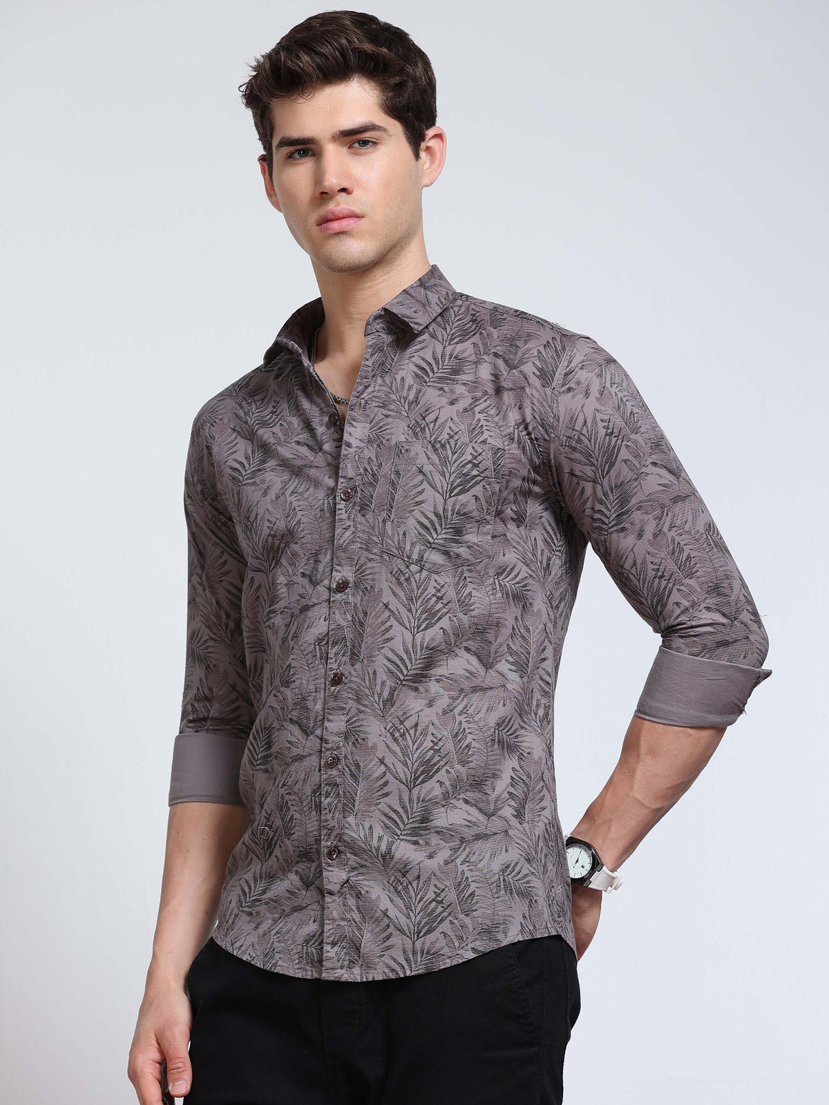 Men's Linen Dark Grey Charcoal Tropical Palm Leaf Printed Shirt