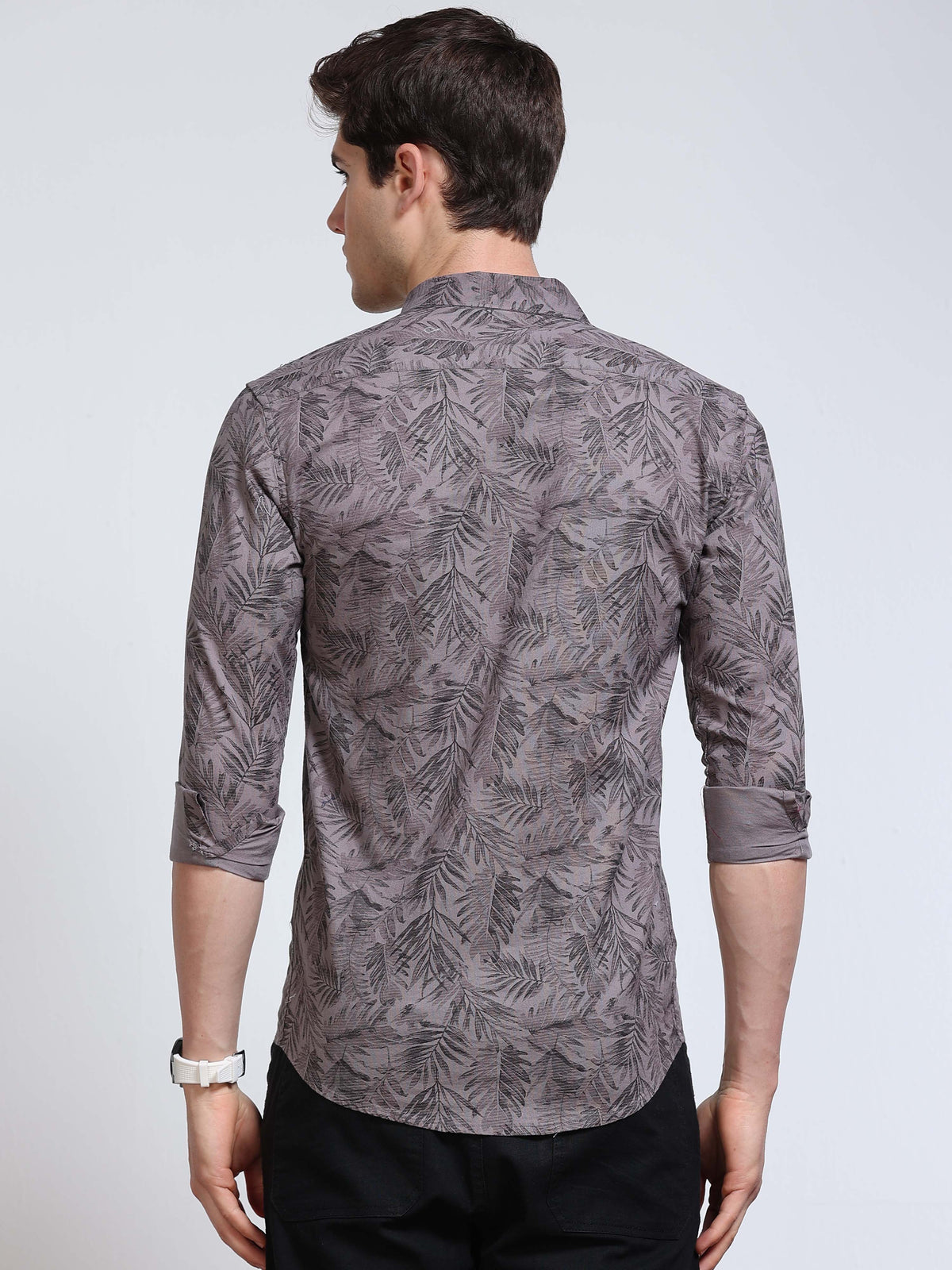 Men's Linen Dark Grey Charcoal Tropical Palm Leaf Printed Shirt