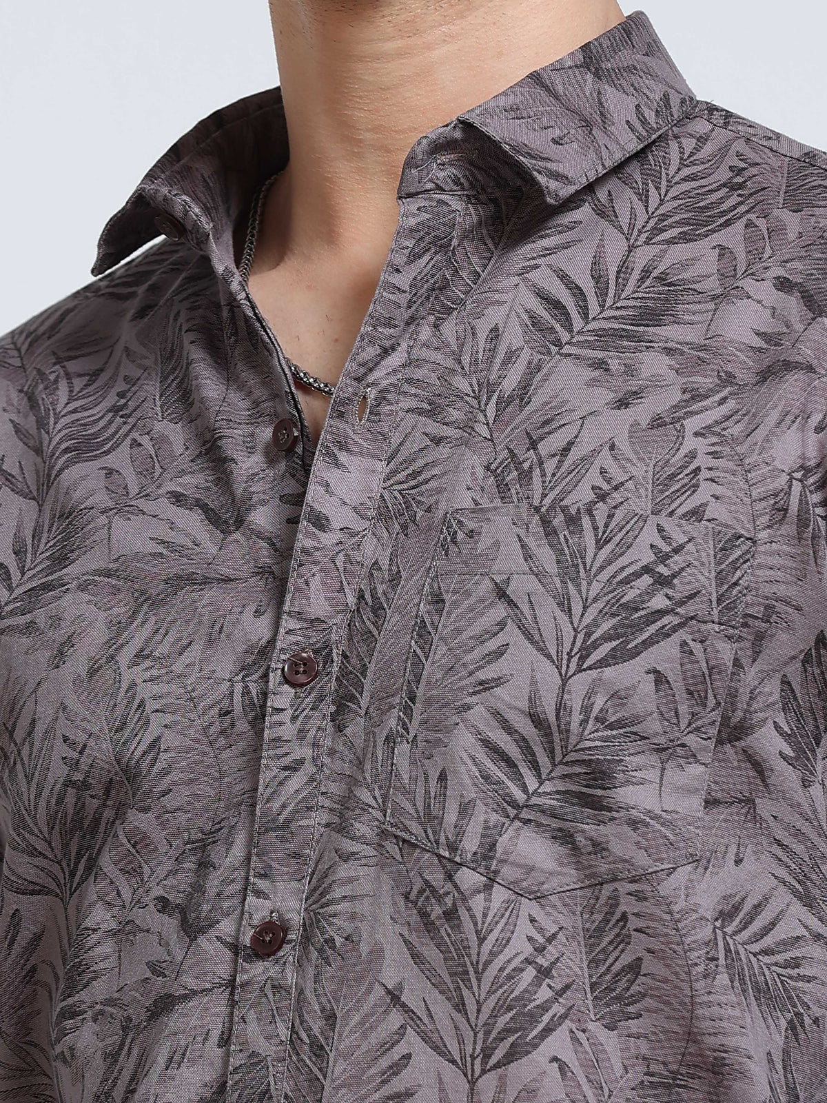 Men's Linen Dark Grey Charcoal Tropical Palm Leaf Printed Shirt