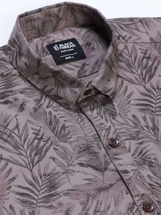 Men's Linen Dark Grey Charcoal Tropical Palm Leaf Printed Shirt