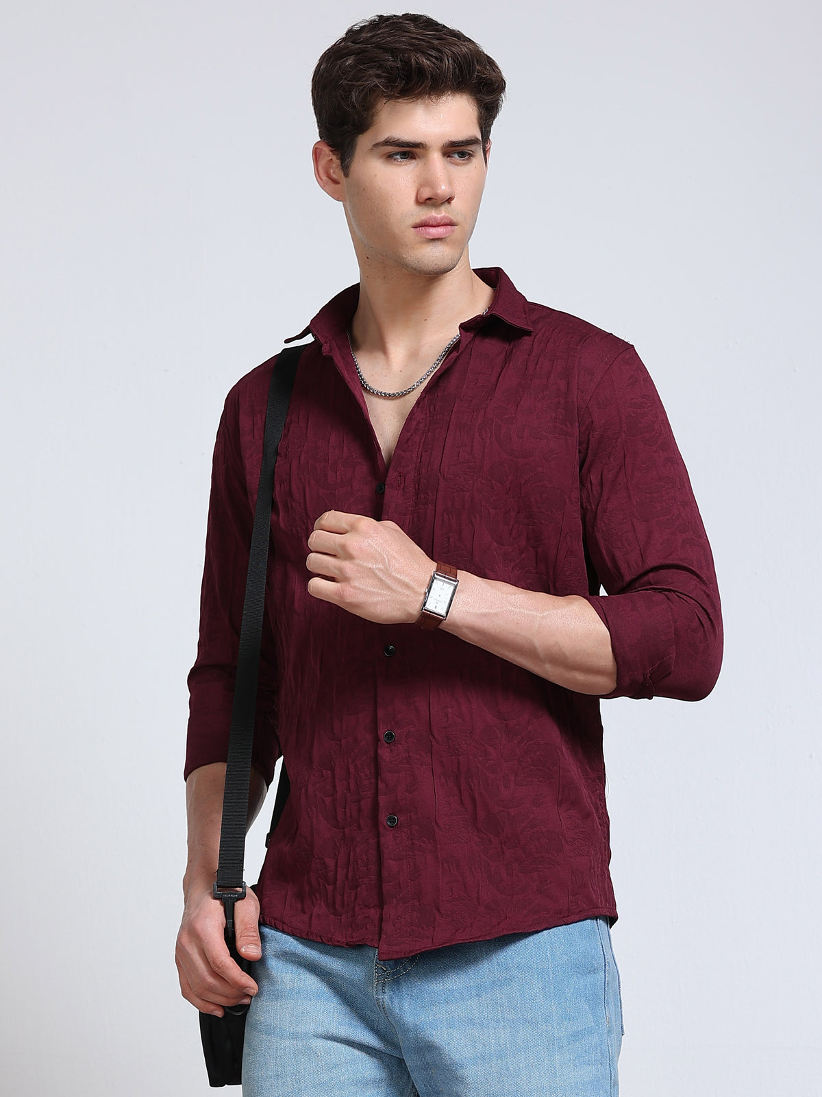 Men's Wine Maroon Abstract Crinkle Textured Casual Shirt