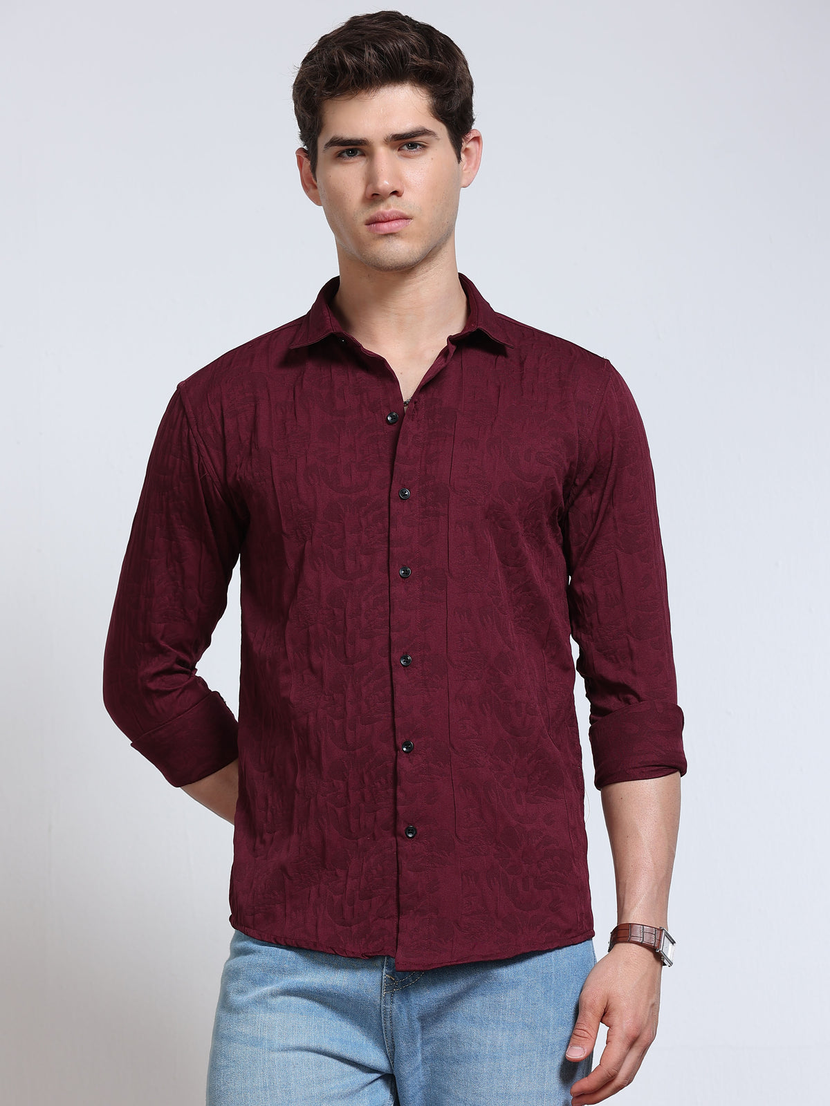 Men's Wine Maroon Abstract Crinkle Textured Casual Shirt