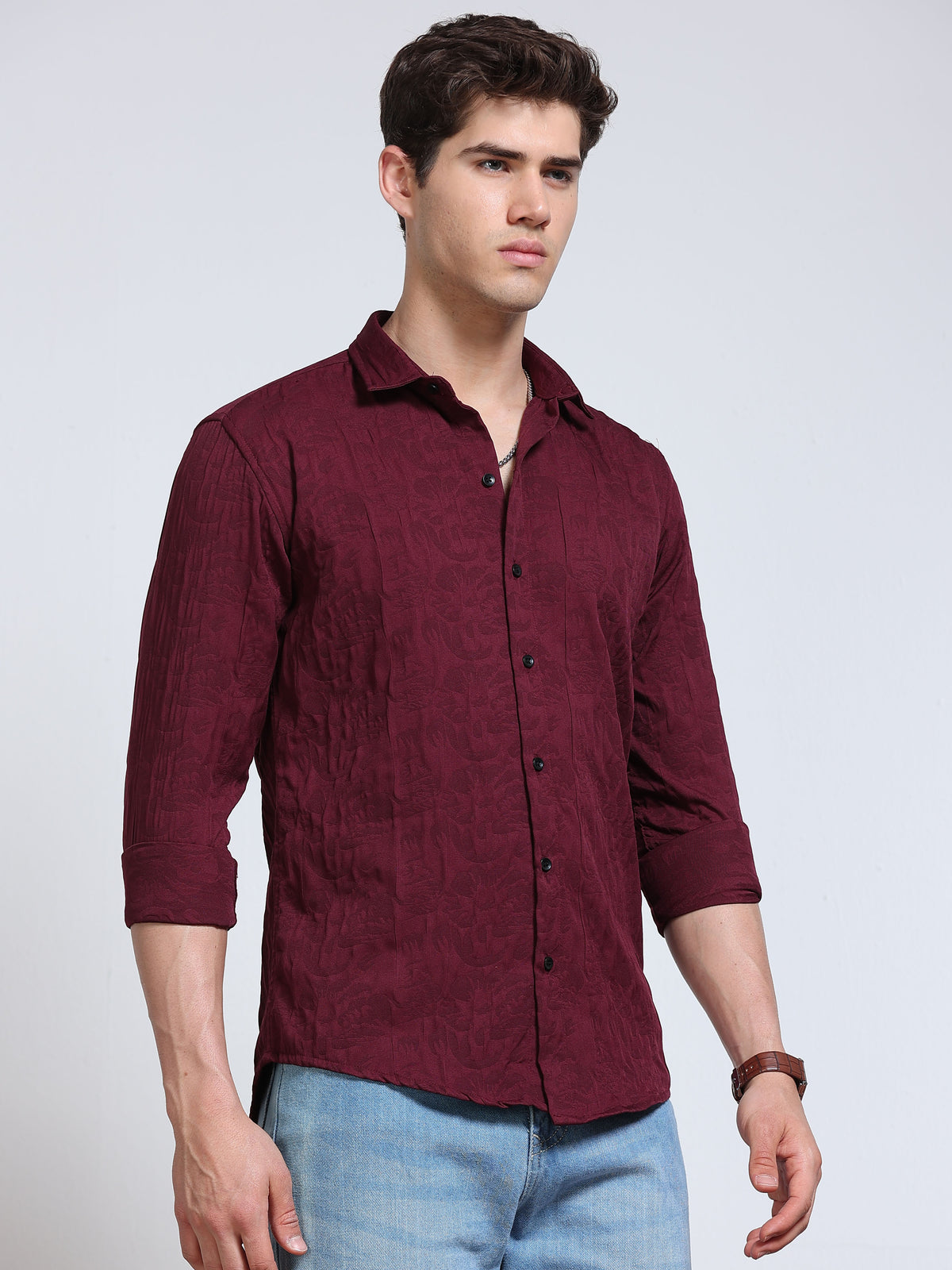 Men's Wine Maroon Abstract Crinkle Textured Casual Shirt