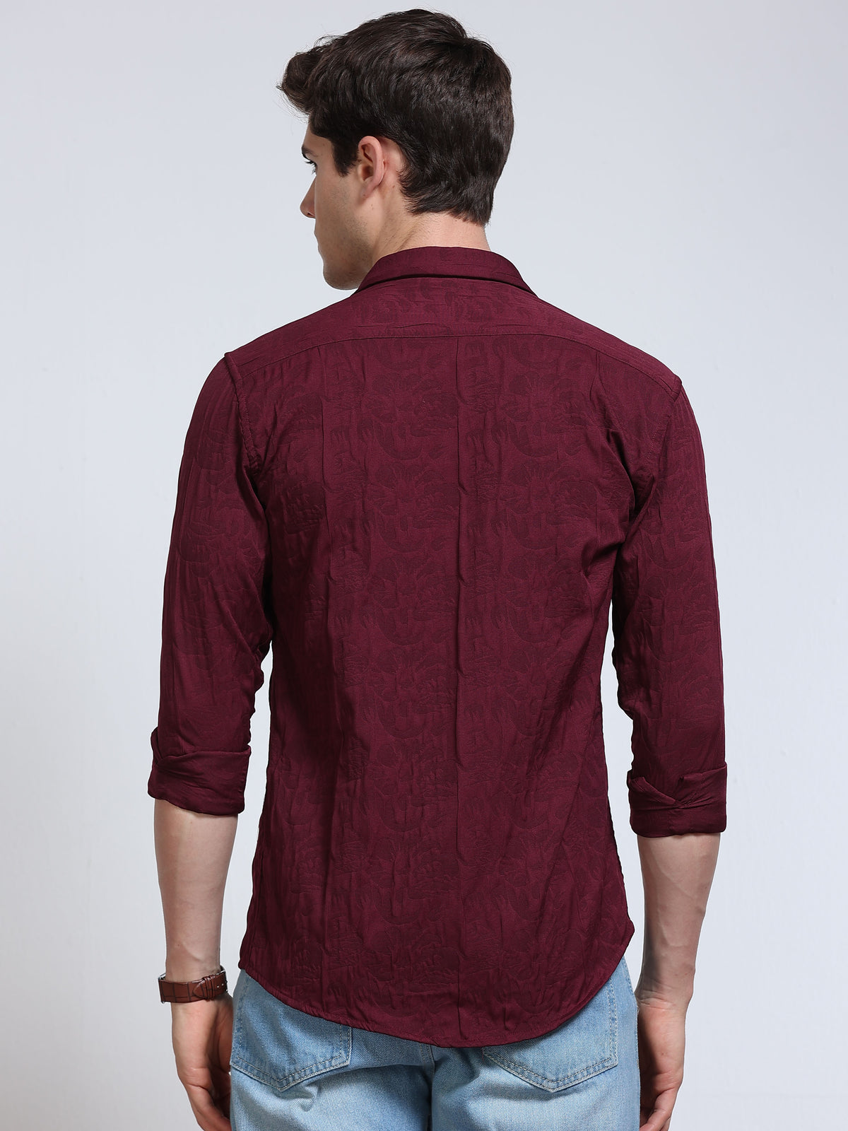 Men's Wine Maroon Abstract Crinkle Textured Casual Shirt