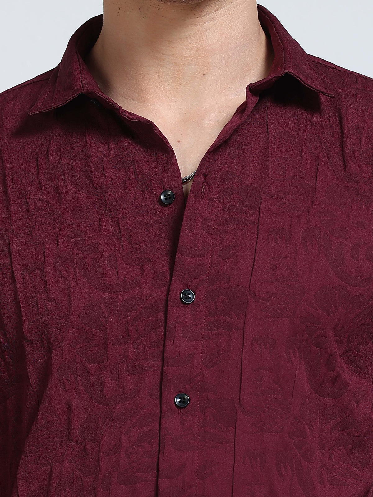 Men's Wine Maroon Abstract Crinkle Textured Casual Shirt