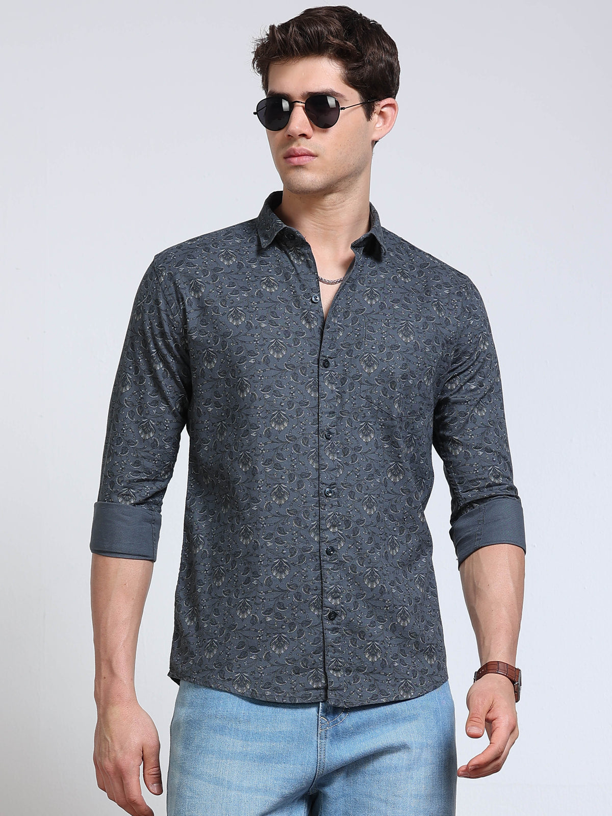 Men's Linen Dark Grey Teal Micro Floral Vine Printed Shirt