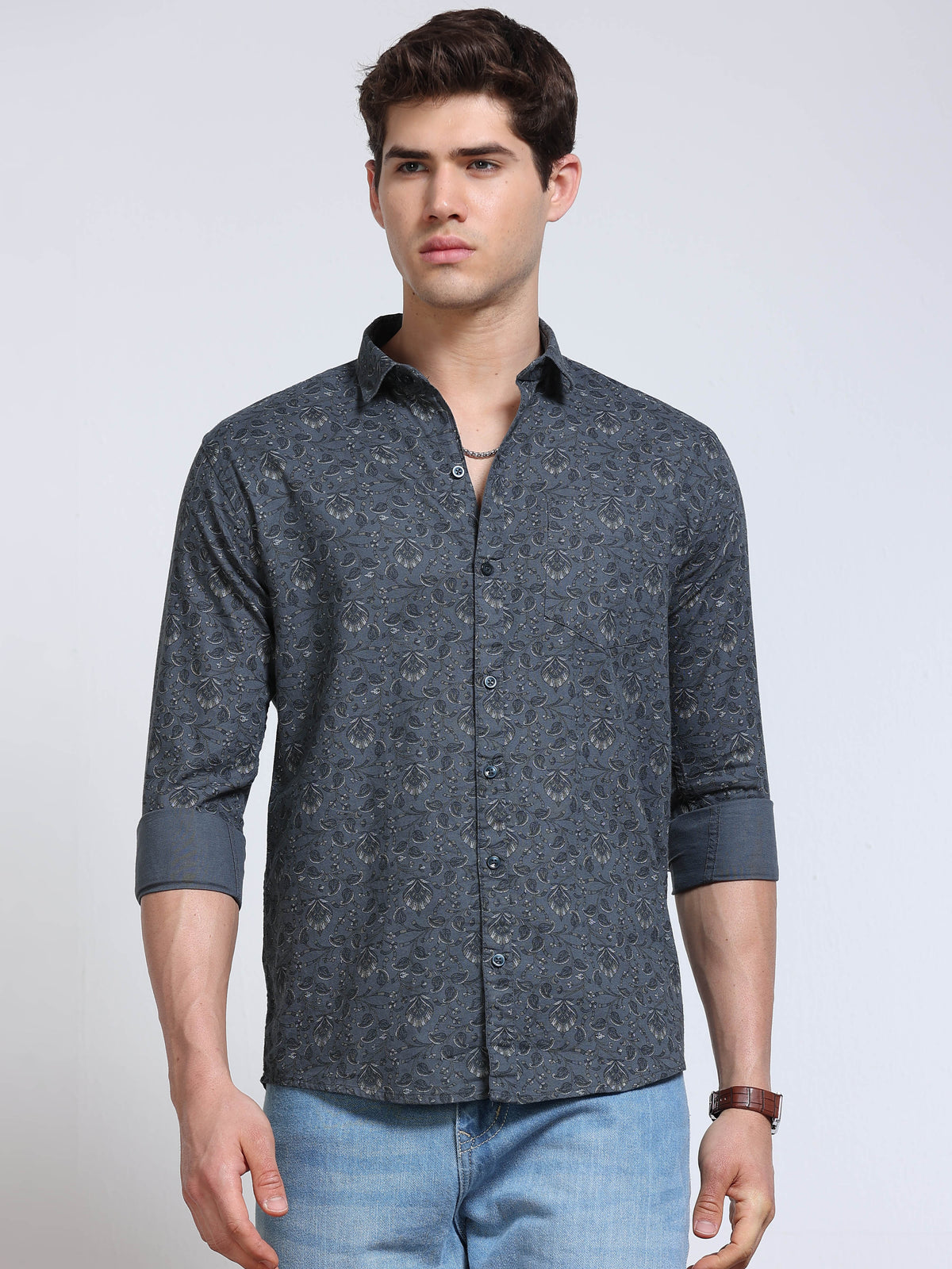 Men's Linen Dark Grey Teal Micro Floral Vine Printed Shirt