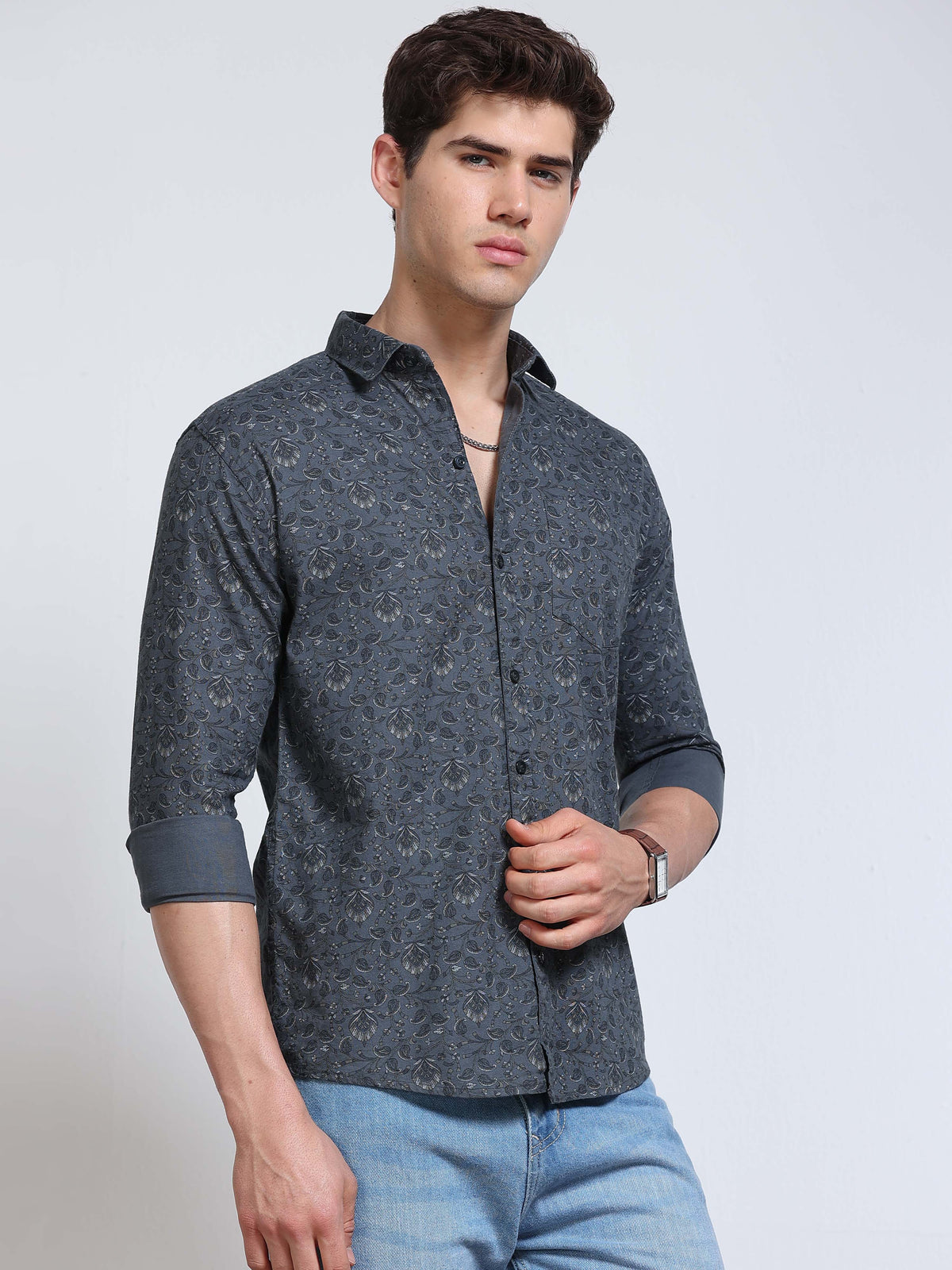 Men's Linen Dark Grey Teal Micro Floral Vine Printed Shirt