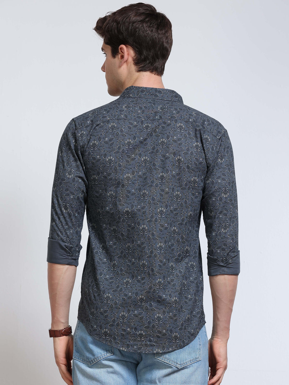 Men's Linen Dark Grey Teal Micro Floral Vine Printed Shirt