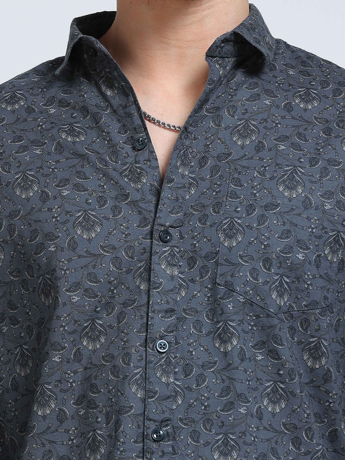Men's Linen Dark Grey Teal Micro Floral Vine Printed Shirt