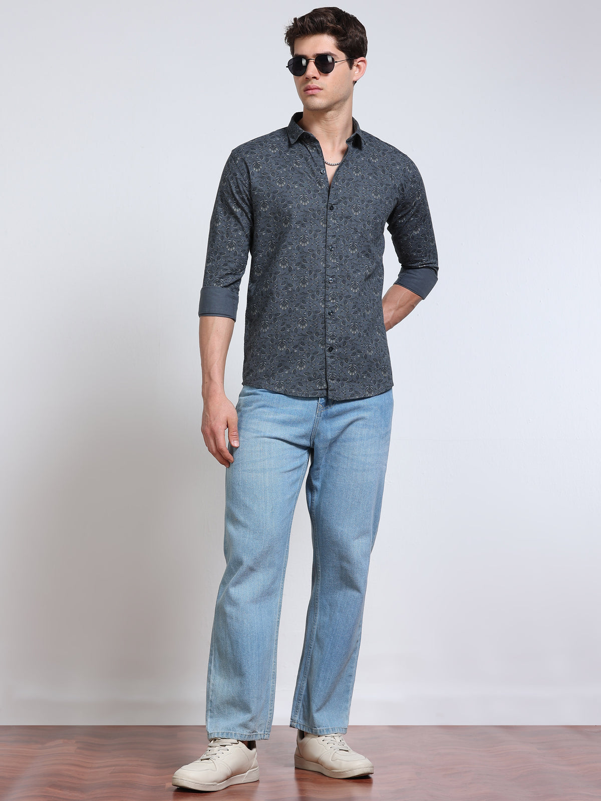 Men's Linen Dark Grey Teal Micro Floral Vine Printed Shirt