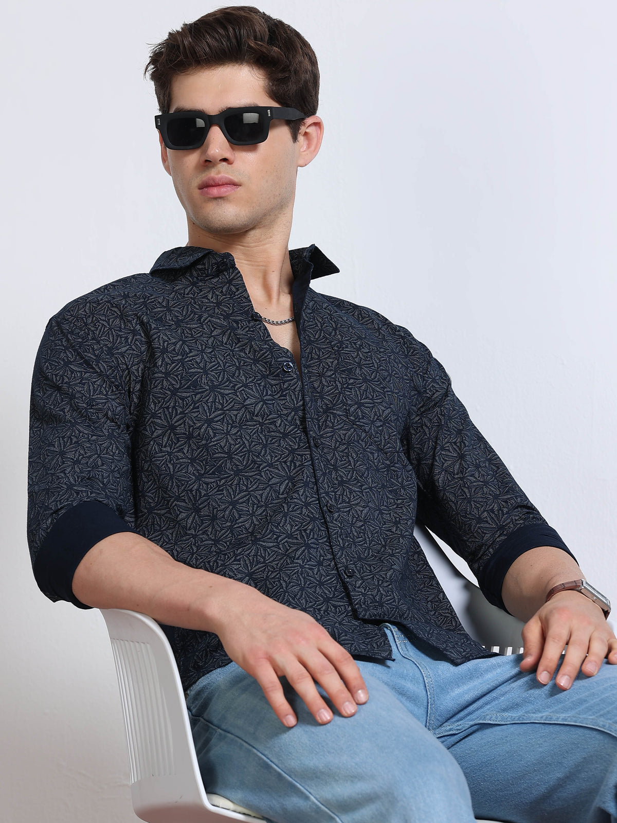 Men's Linen Navy Blue Dark Micro Pinwheel Star Geometric Printed Shirt