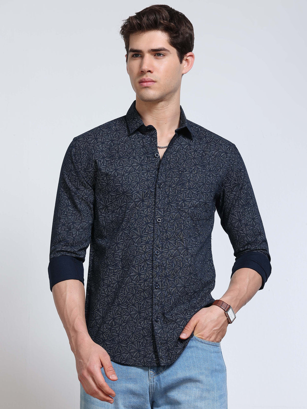 Men's Linen Navy Blue Dark Micro Pinwheel Star Geometric Printed Shirt