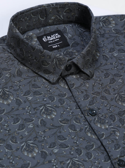 Men's Linen Dark Grey Teal Micro Floral Vine Printed Shirt