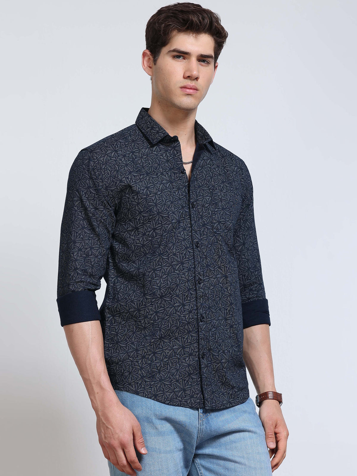 Men's Linen Navy Blue Dark Micro Pinwheel Star Geometric Printed Shirt
