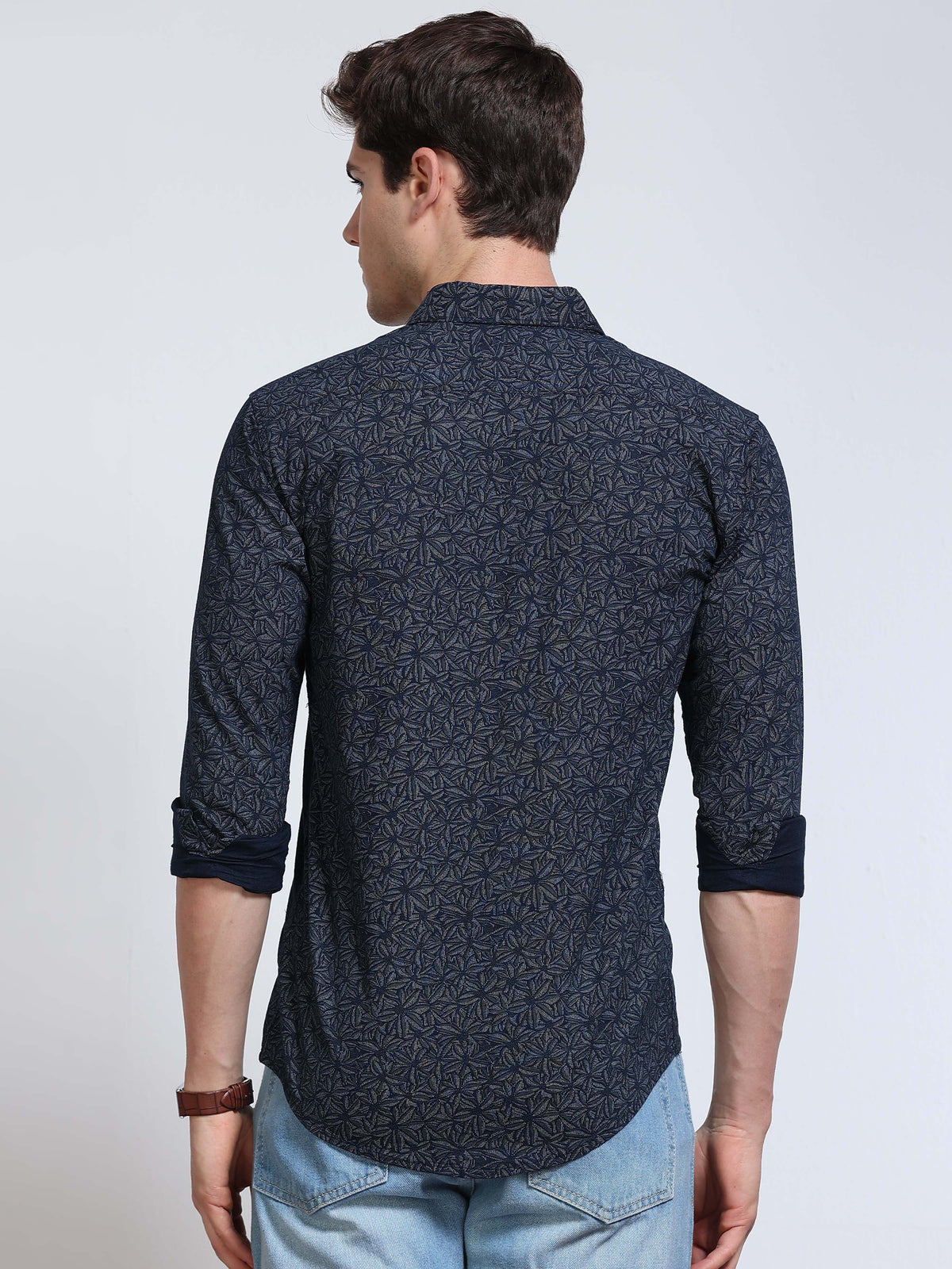Men's Linen Navy Blue Dark Micro Pinwheel Star Geometric Printed Shirt