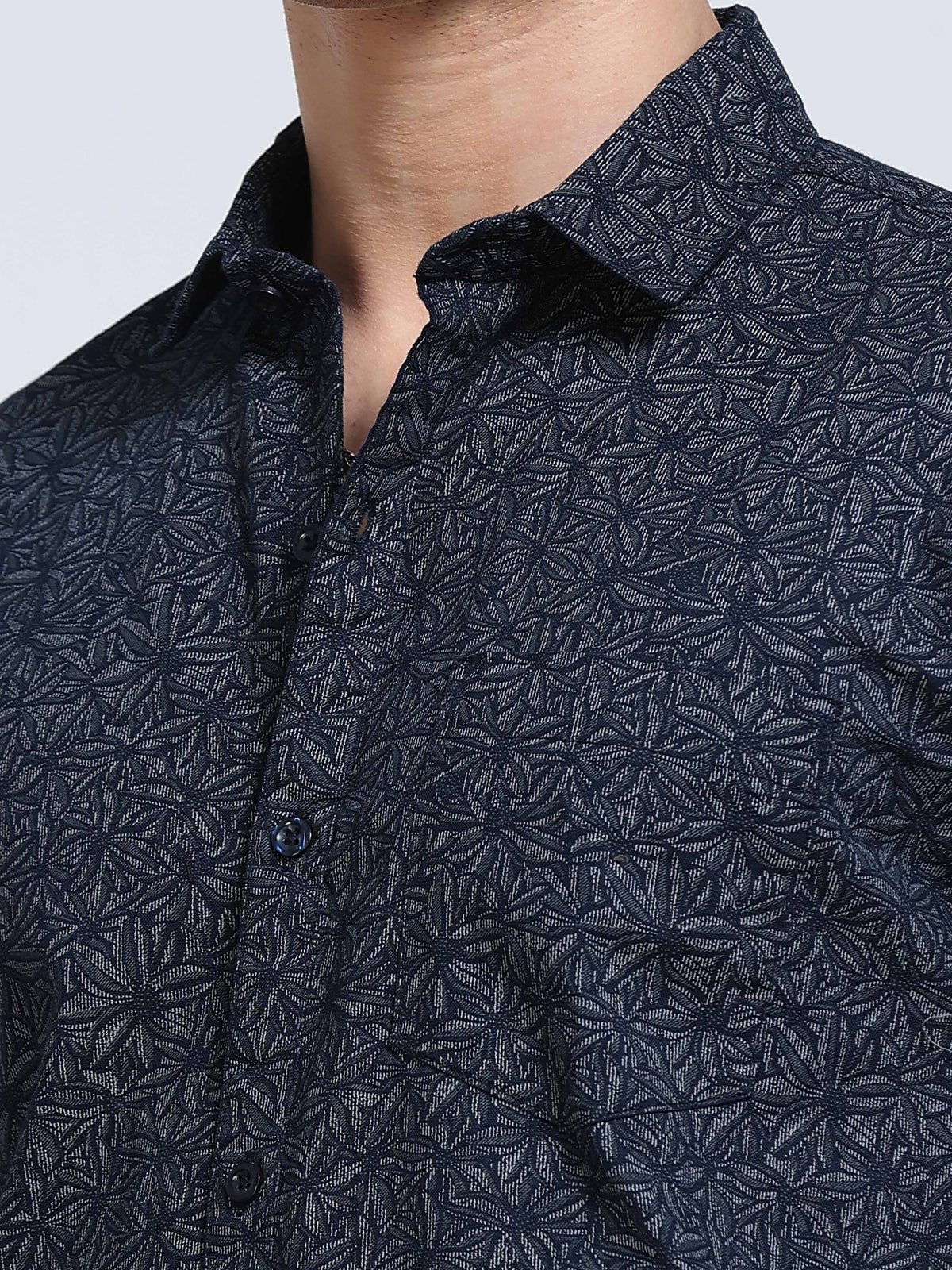 Men's Linen Navy Blue Dark Micro Pinwheel Star Geometric Printed Shirt