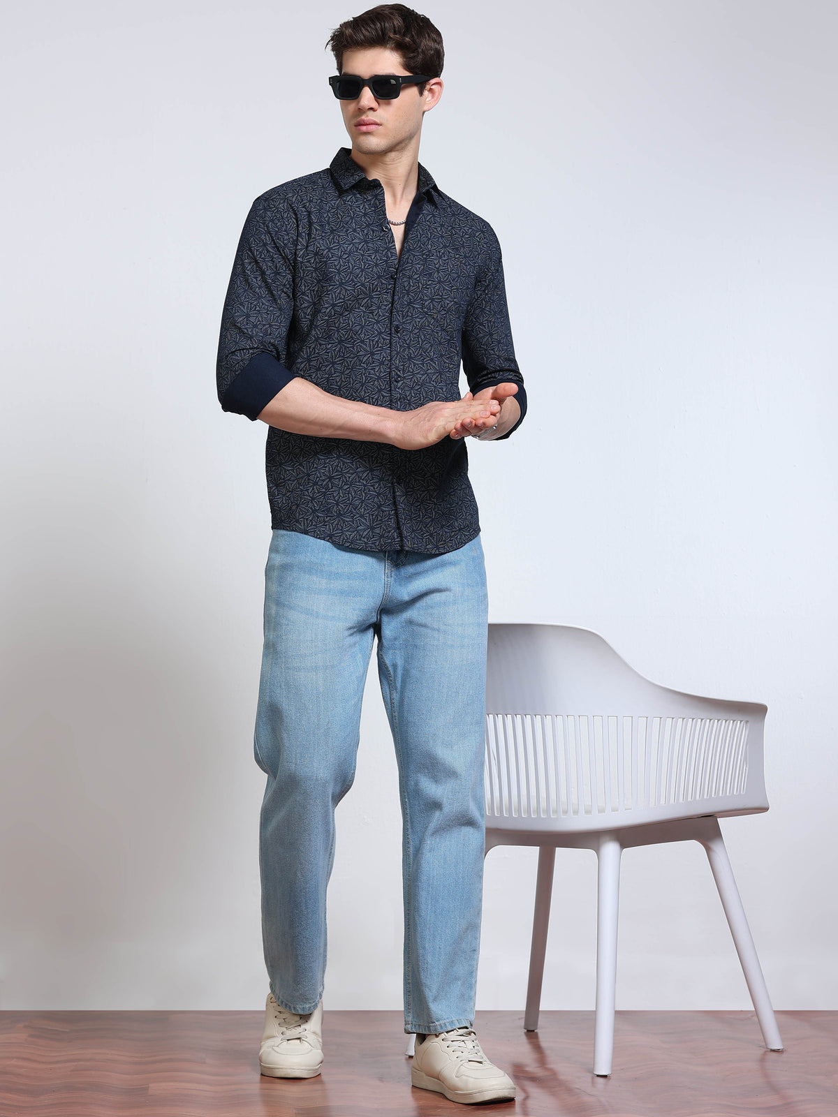 Men's Linen Navy Blue Dark Micro Pinwheel Star Geometric Printed Shirt