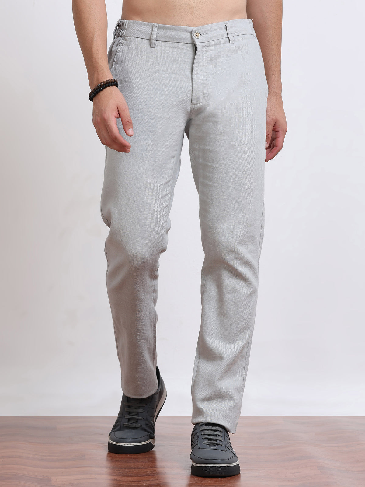 Men’s Linen Light Grey Slim-Fit Casual Trousers– Black Thread