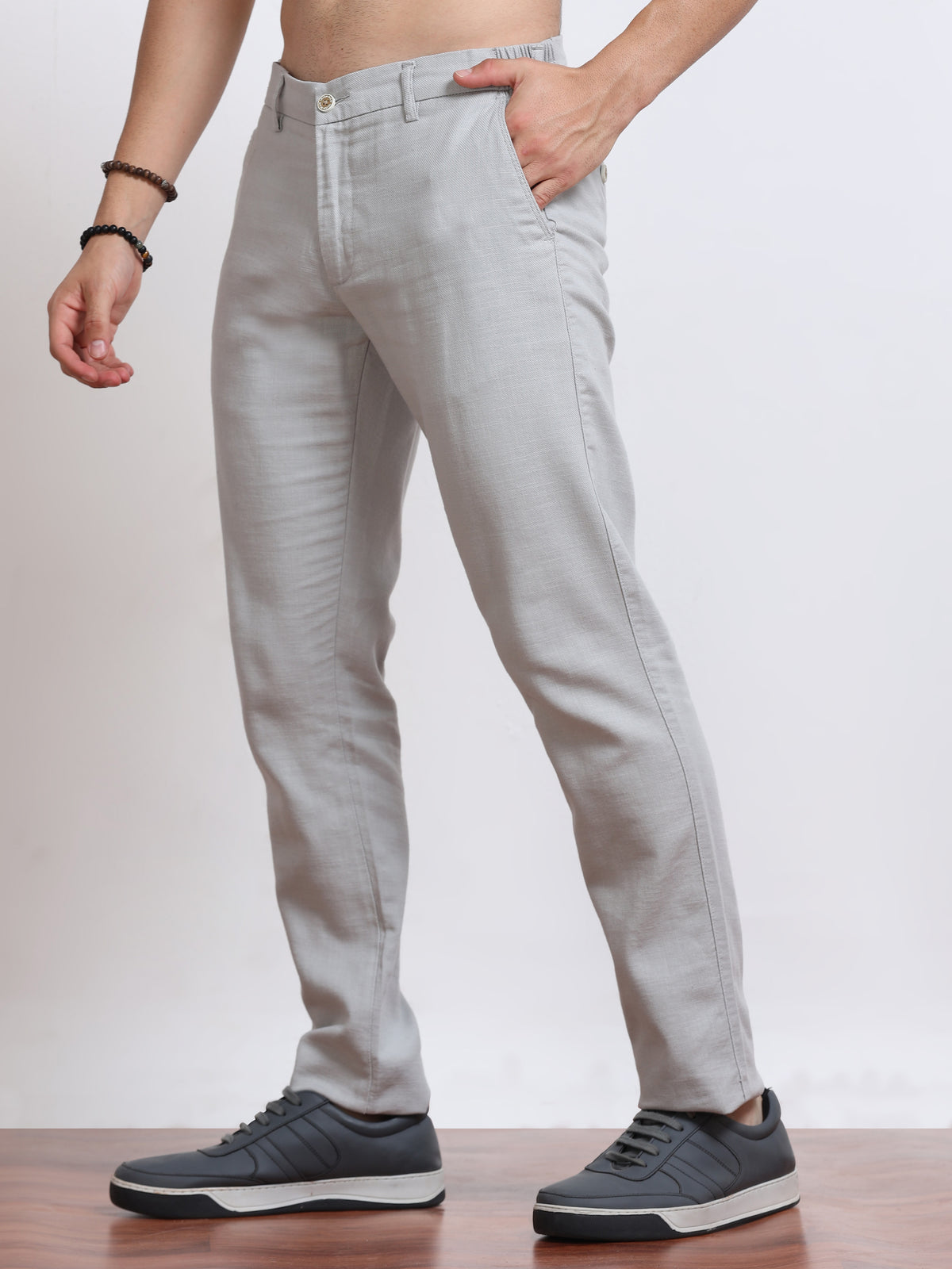 Men’s Linen Light Grey Slim-Fit Casual Trousers– Black Thread