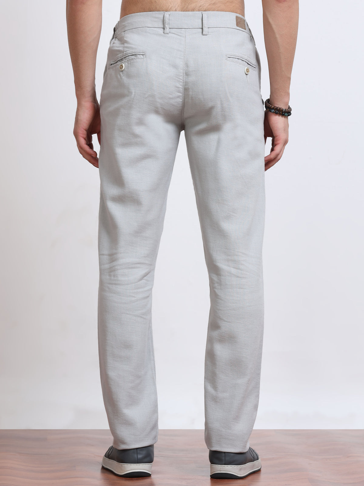 Men’s Linen Light Grey Slim-Fit Casual Trousers– Black Thread