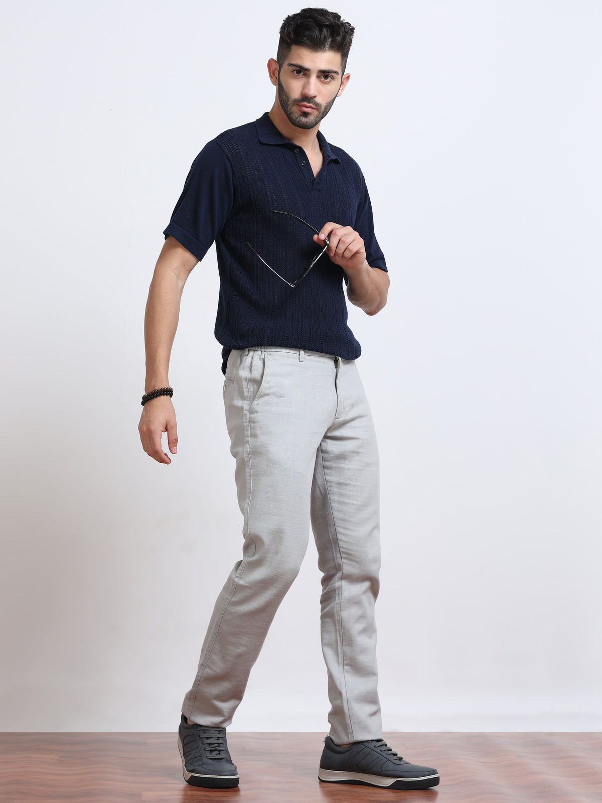 Men’s Linen Light Grey Slim-Fit Casual Trousers– Black Thread