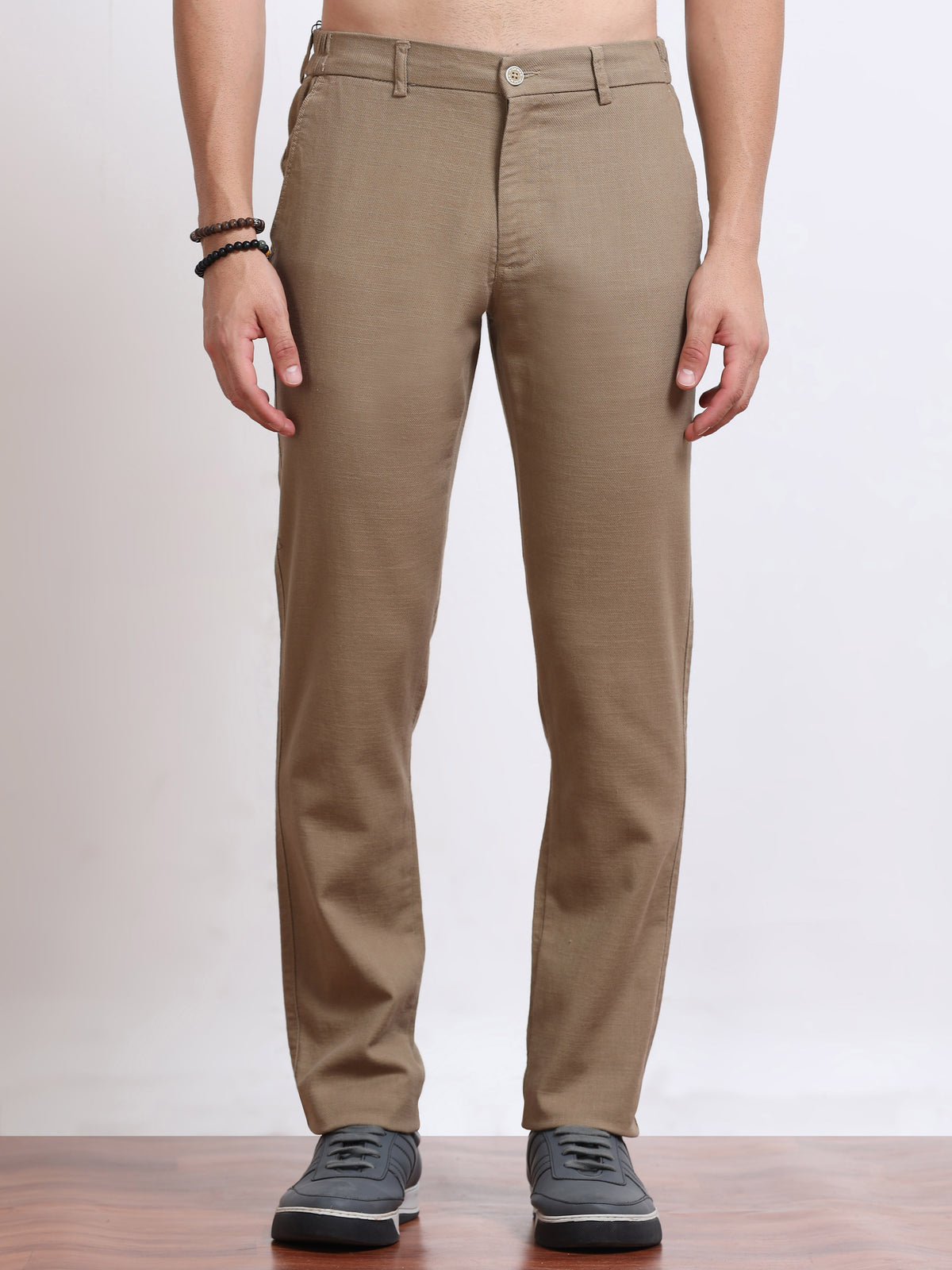 Men’s Linen Khaki Brown Slim-Fit Casual Trousers– Black Thread