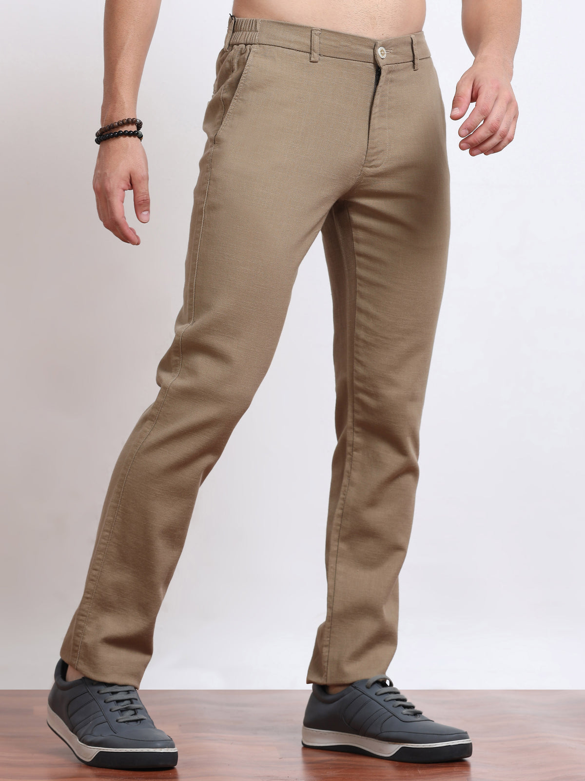 Men’s Linen Khaki Brown Slim-Fit Casual Trousers– Black Thread