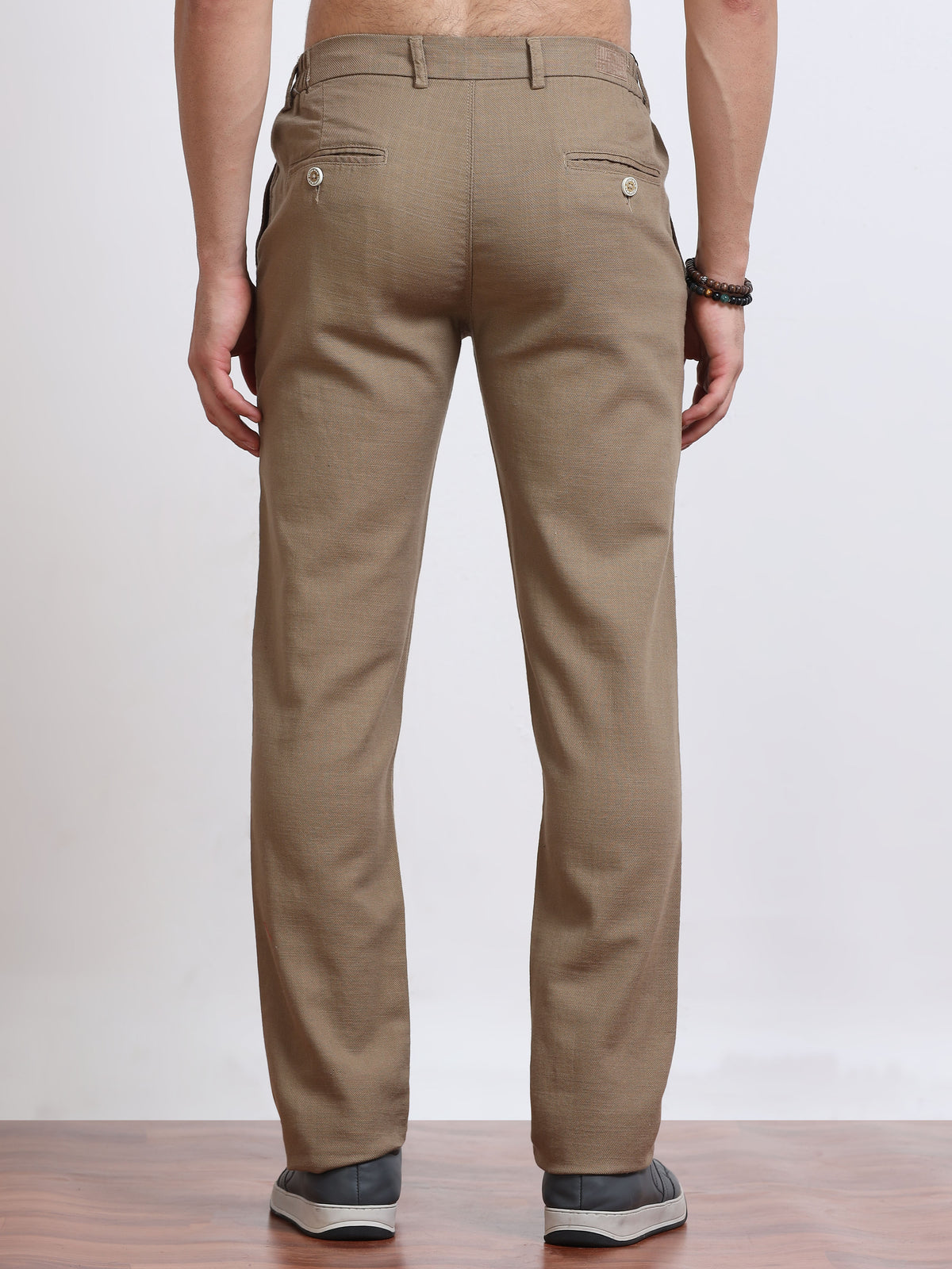 Men’s Linen Khaki Brown Slim-Fit Casual Trousers– Black Thread
