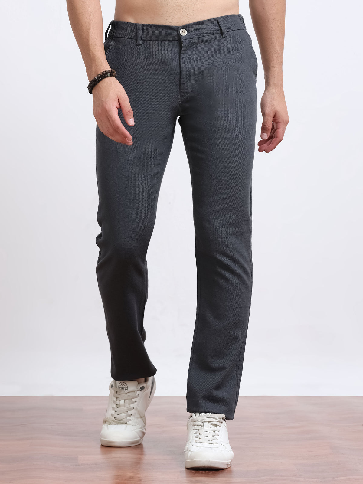 Men’s Linen Charcoal Grey  Slim-Fit Casual Trousers– Black Thread