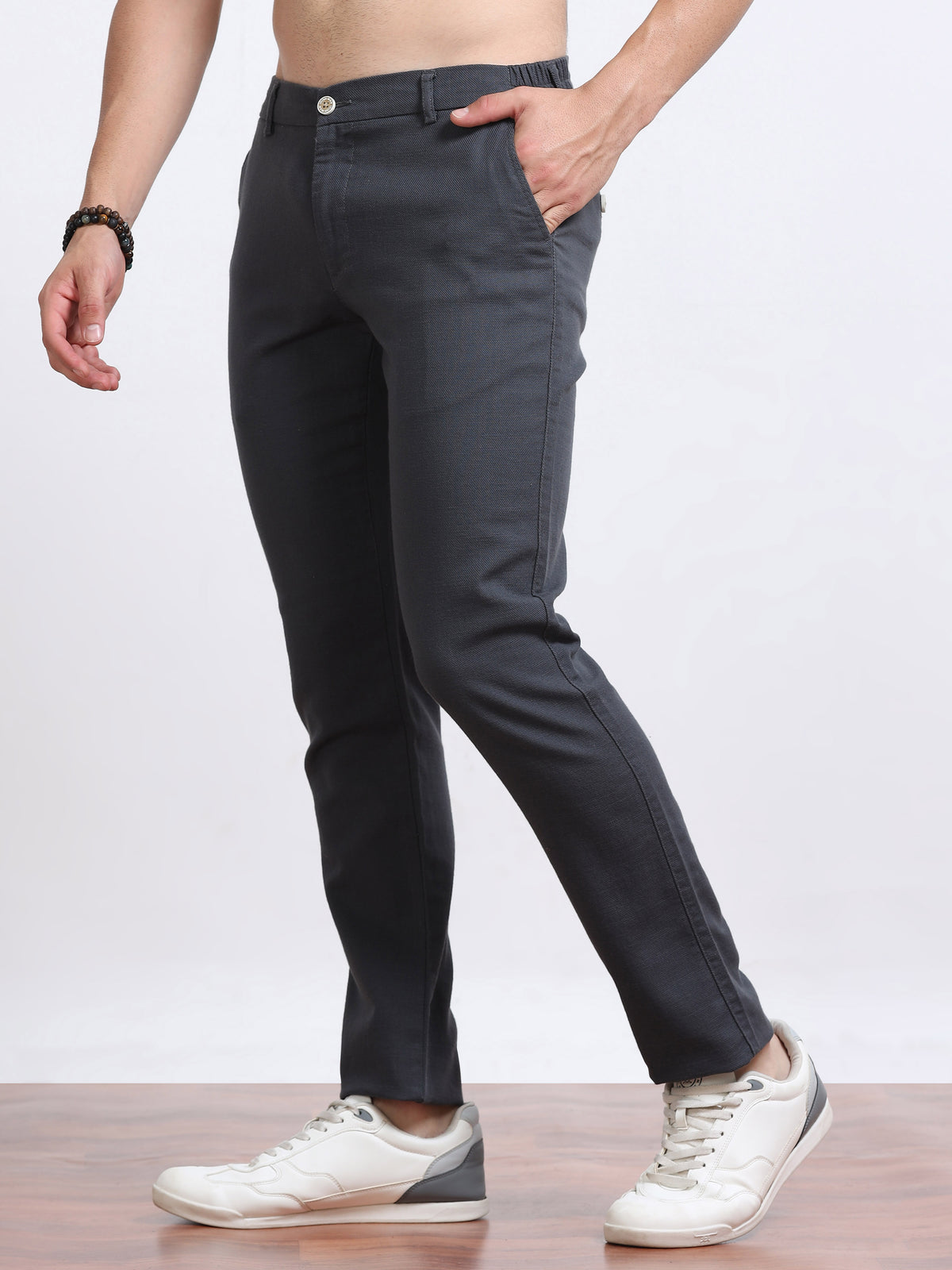 Men’s Linen Charcoal Grey  Slim-Fit Casual Trousers– Black Thread