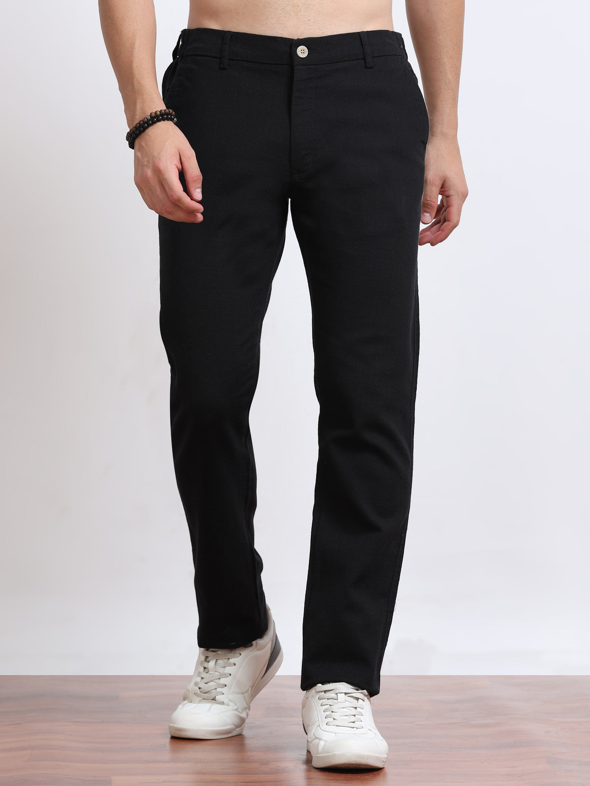 Men’s Linen Jet Black Slim-Fit Casual Trousers– Black Thread