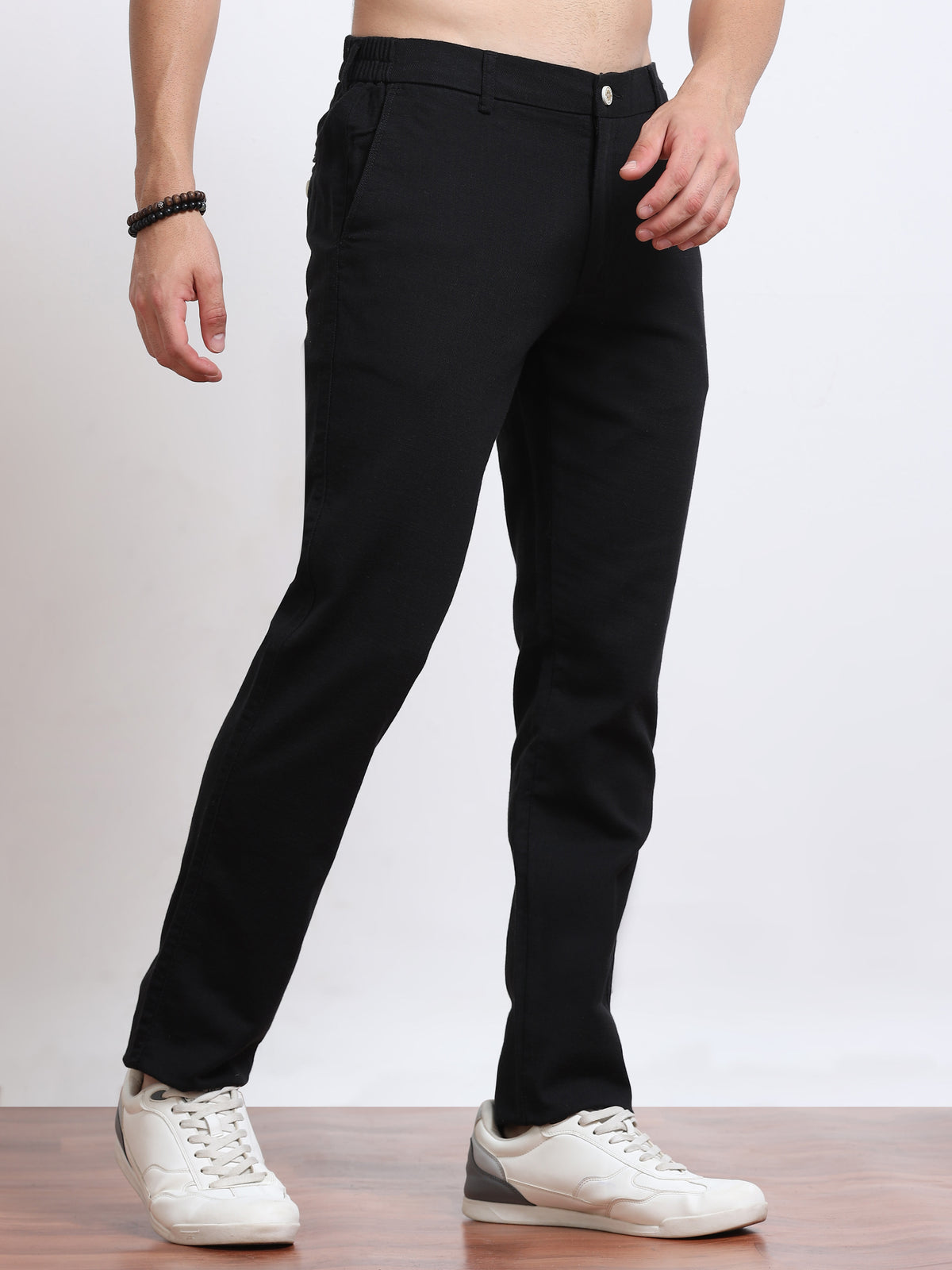 Men’s Linen Jet Black Slim-Fit Casual Trousers– Black Thread
