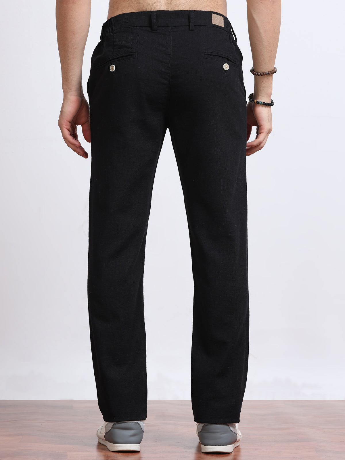 Men’s Linen Jet Black Slim-Fit Casual Trousers– Black Thread