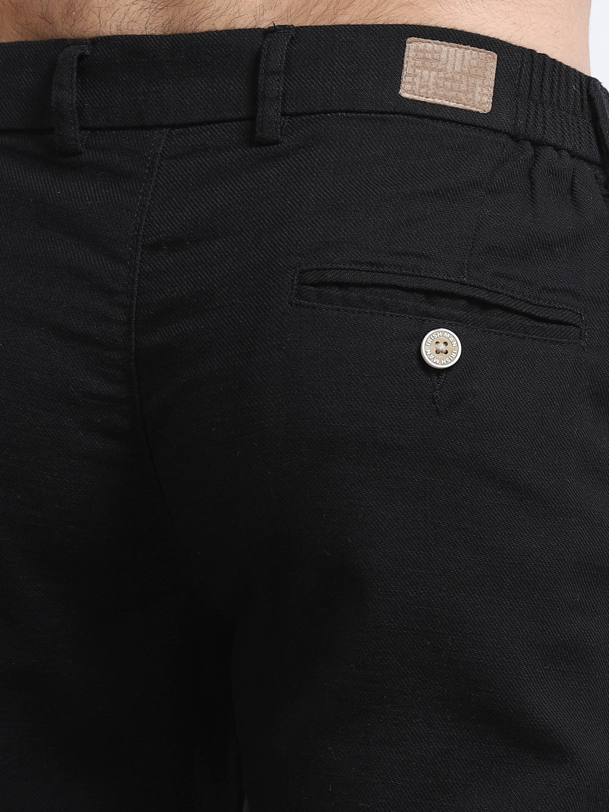 Men’s Linen Jet Black Slim-Fit Casual Trousers– Black Thread