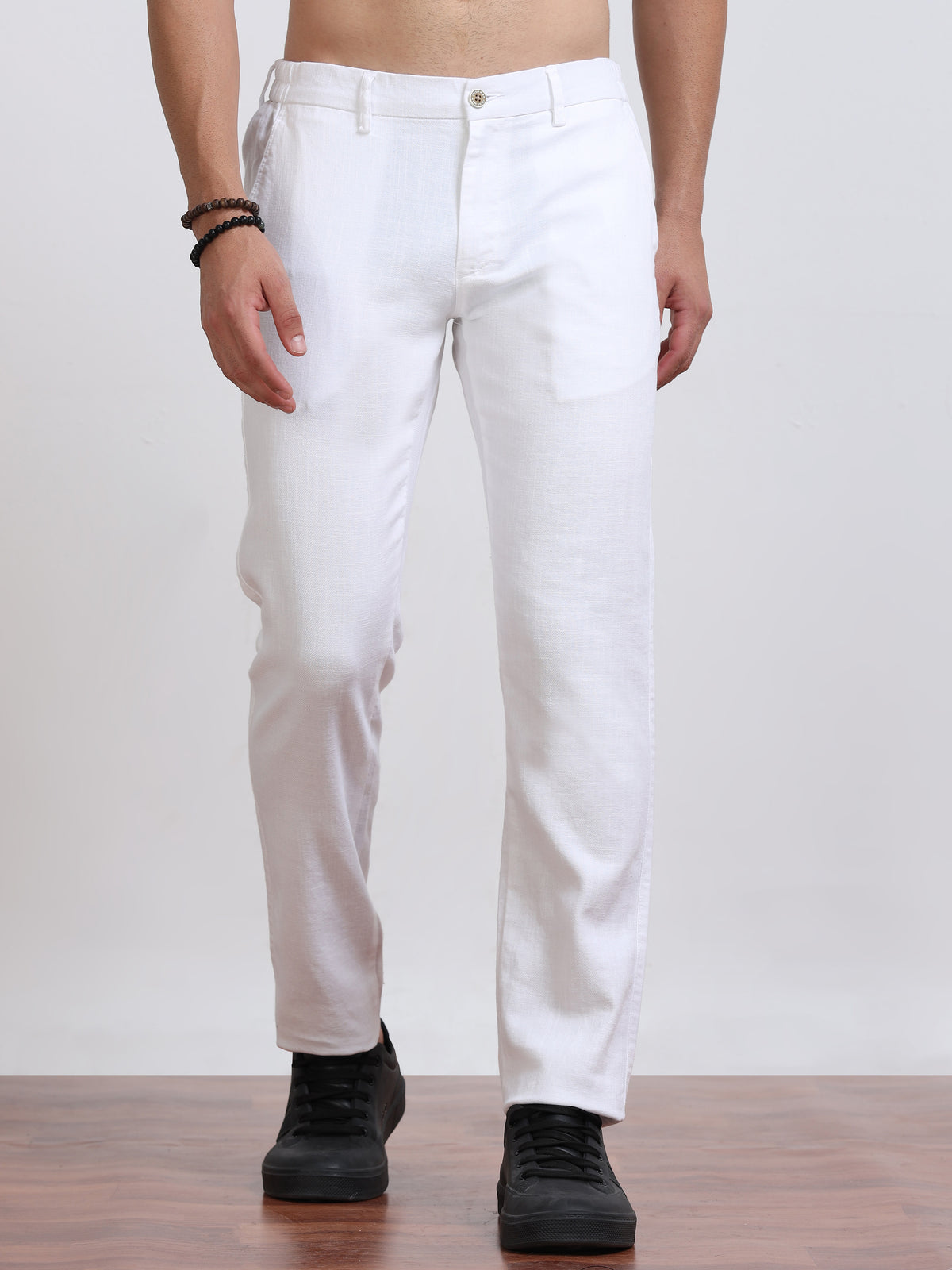 Men’s Linen Pure White Slim-Fit Casual Trousers– Black Thread