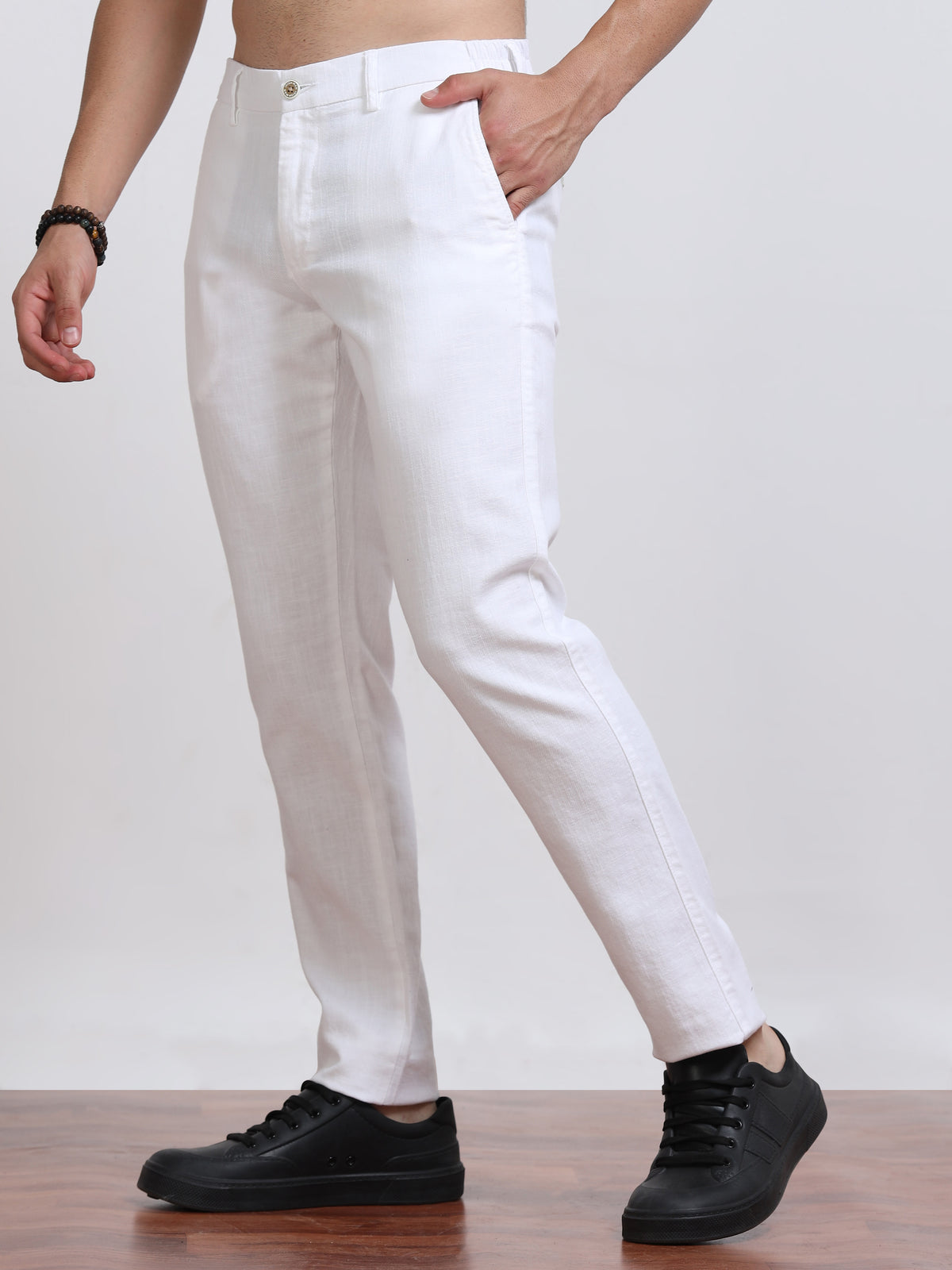 Men’s Linen Pure White Slim-Fit Casual Trousers– Black Thread