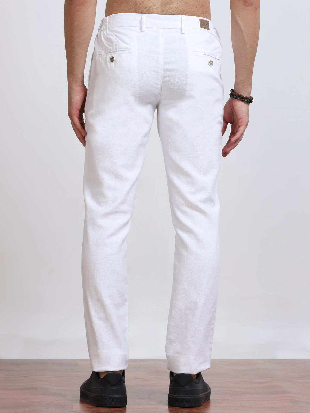 Men’s Linen Pure White Slim-Fit Casual Trousers– Black Thread