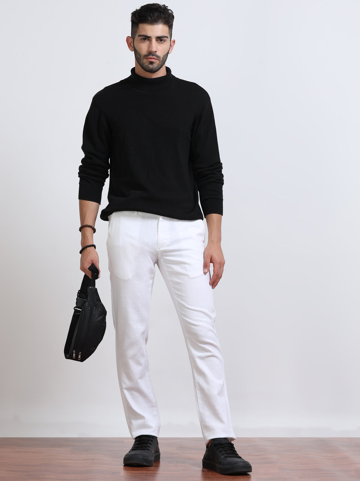 Men’s Linen Pure White Slim-Fit Casual Trousers– Black Thread