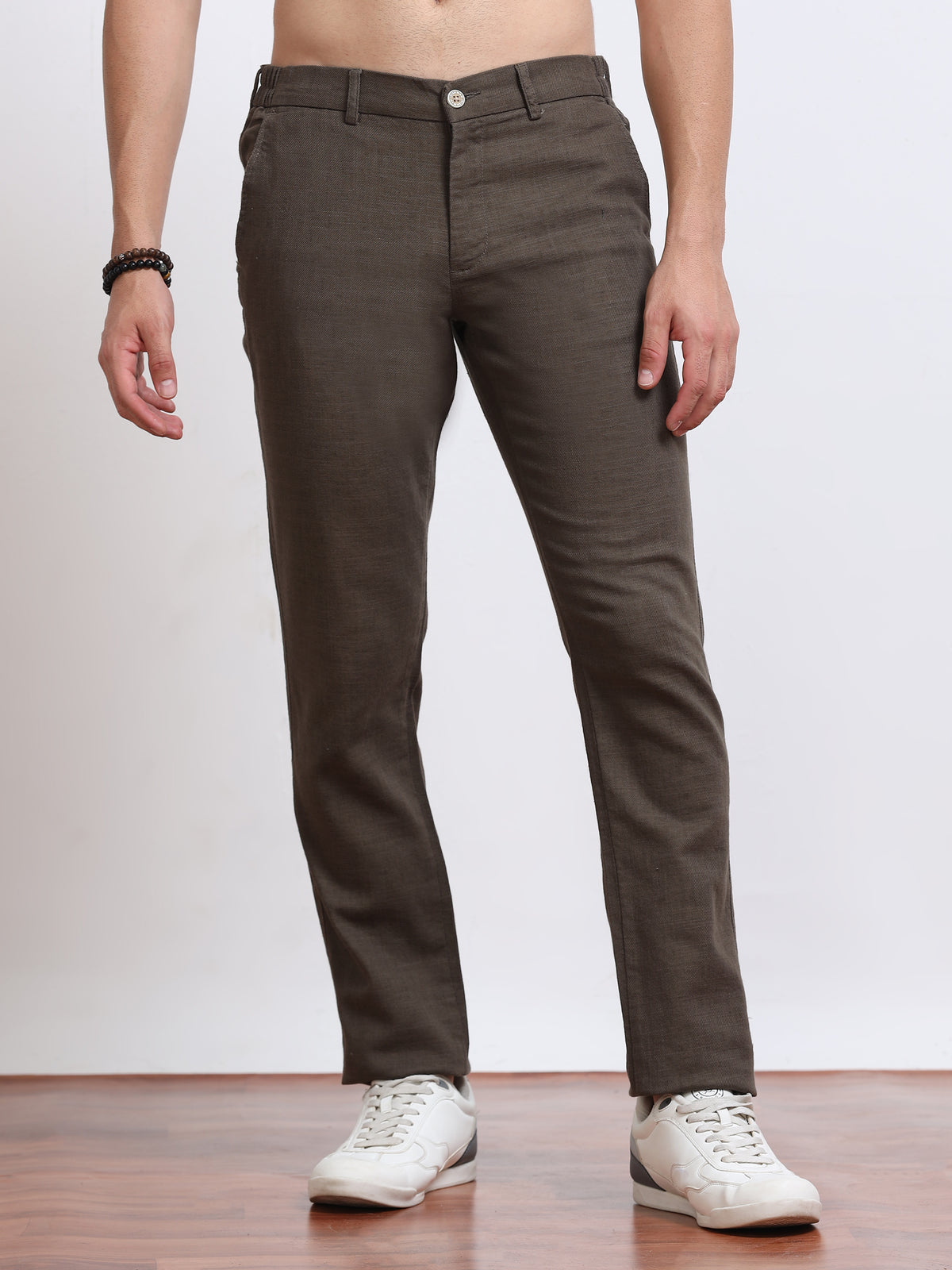 Men’s Linen Dark Brown Slim-Fit Casual Trousers– Black Thread