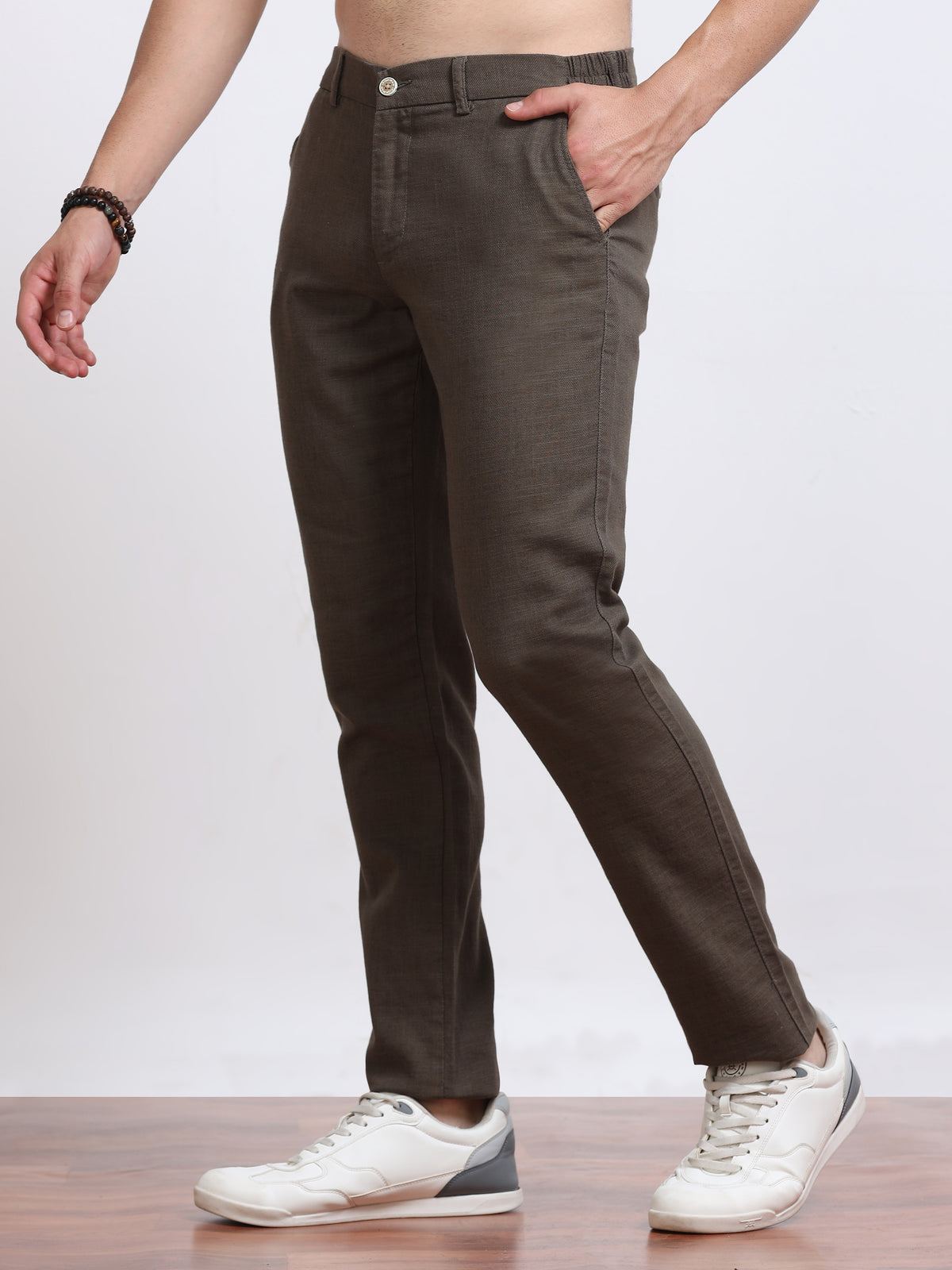 Men’s Linen Dark Brown Slim-Fit Casual Trousers– Black Thread