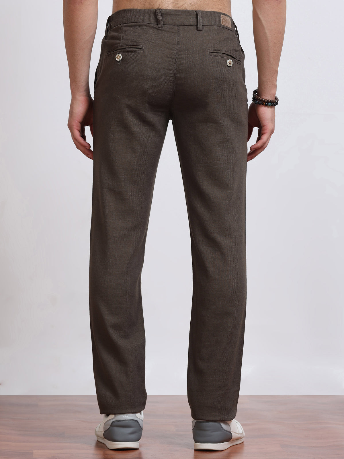 Men’s Linen Dark Brown Slim-Fit Casual Trousers– Black Thread